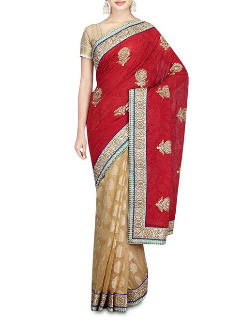 red and beige chiffon brasso saree - 1272195 - Very Small Image - 1
