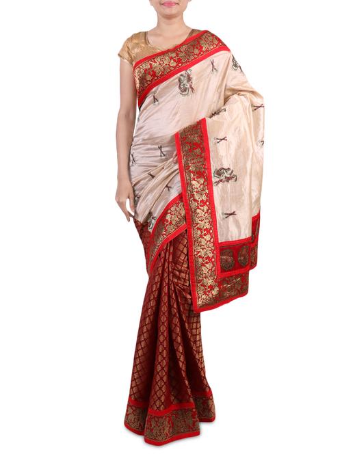 Red art silk half and half saree with blouse - 1279772 - Very Small Image - 1