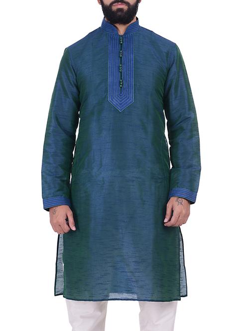 Navy Blue Dupion Kurta (with A Cotton Bag) - 12918681 - Very Small Image - 1