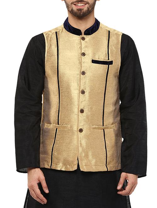 gold polyester blend nehru jacket - 12926621 - Very Small Image - 1