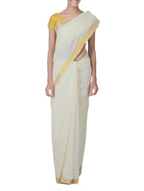 white cotton  jacquard  kasavu saree with blouse - 1297902 - Very Small Image - 1