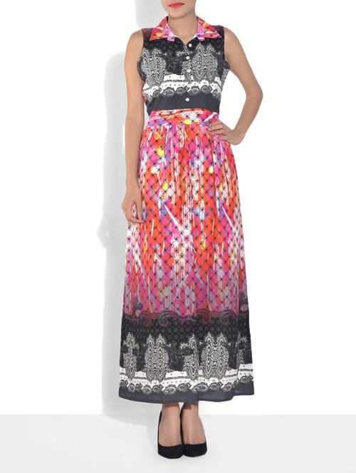 pink crepe and georgette printed sleeveless a-line dress - 1299308 - Very Small Image - 1