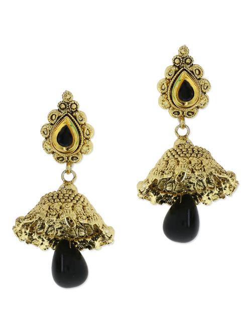 gold jhumka earrings with black per teardrop - 1300509 - Very Small Image - 1