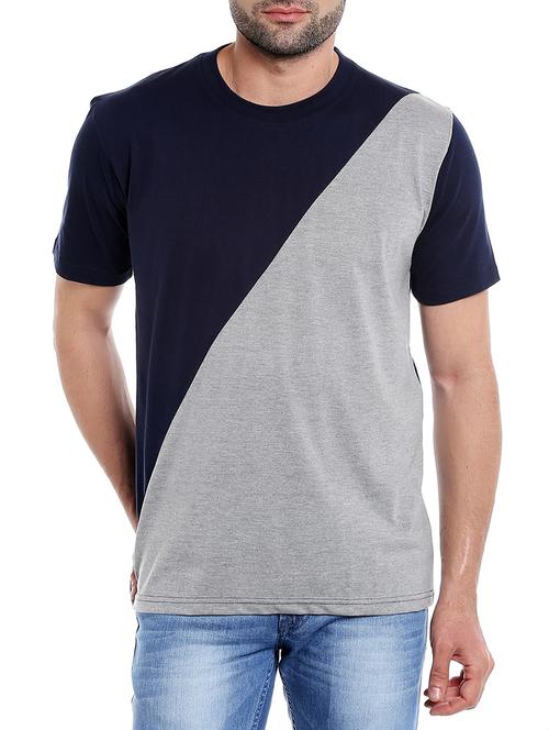blue and grey colour block cotton t-shirt - 13022880 - Very Small Image - 1