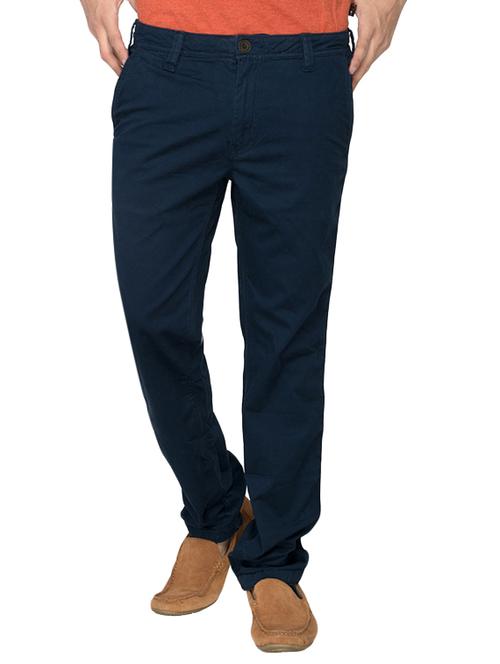 blue cotton flat front casual trousers - 13047532 - Very Small Image - 1