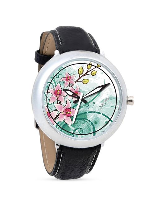 black leather wrist watch with floral dial - 1315624 - Very Small Image - 1