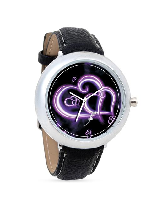 black leather wrist watch with heart printed dial - 1315655 - Very Small Image - 1
