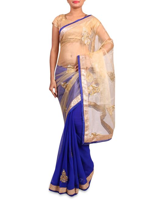 blue and beige zari embroidered chiffon sari - 1317999 - Very Small Image - 1