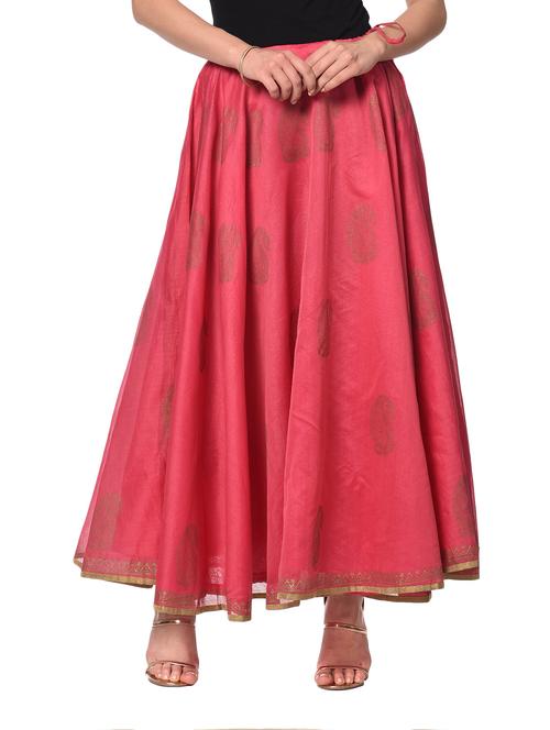 Pink chanderi printed flared skirt - 13185668 - Very Small Image - 1