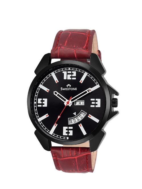 swisstone bk95-blk-red black dial red leather strap day date wrist watch for men/boys - 13210573 - Very Small Image - 1