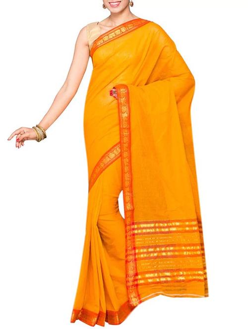 yellow cotton bordered saree with blouse - 13326825 - Very Small Image - 1