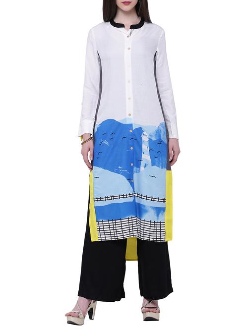 white rayon printed high-low kurta - 13415911 - Very Small Image - 1