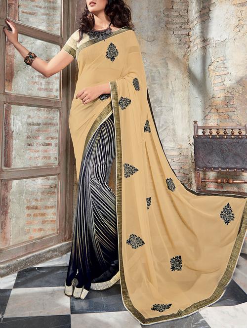 biege & grey georgette embroidered half & half saree - 13437608 - Very Small Image - 1