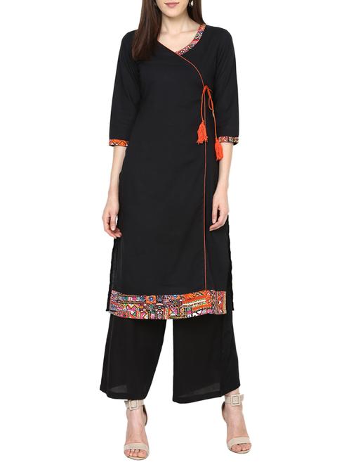 black cotton angrakha kurta - 13648170 - Very Small Image - 1