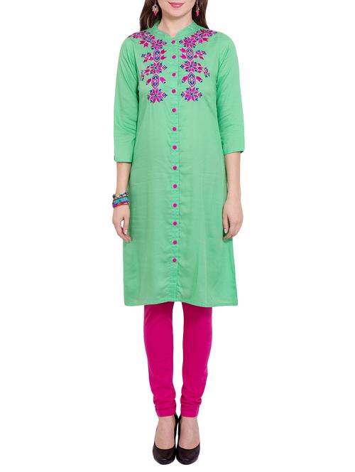 green rayon embroidered straight kurta - 13800142 - Very Small Image - 1