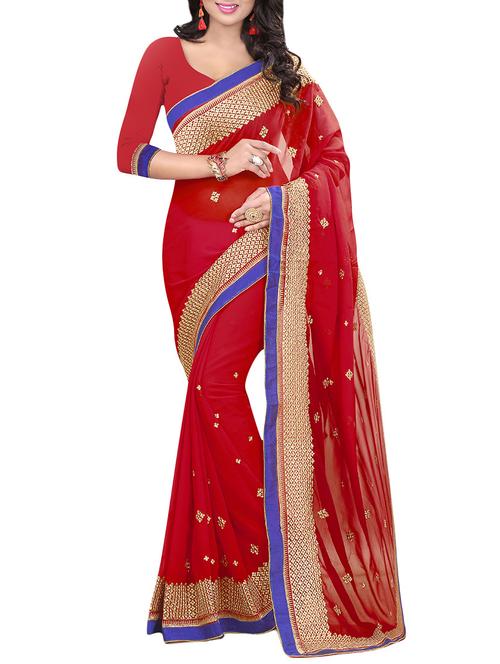 red embroidered saree with blouse - 13820594 - Very Small Image - 1