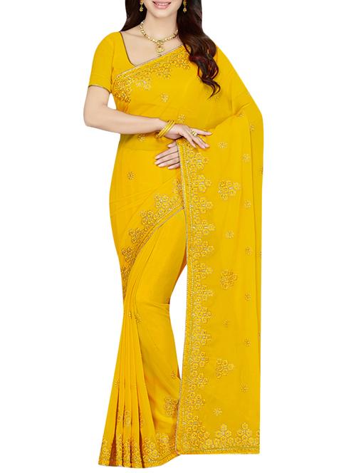 yellow embroidered georgette saree with blouse - 13842491 - Very Small Image - 1