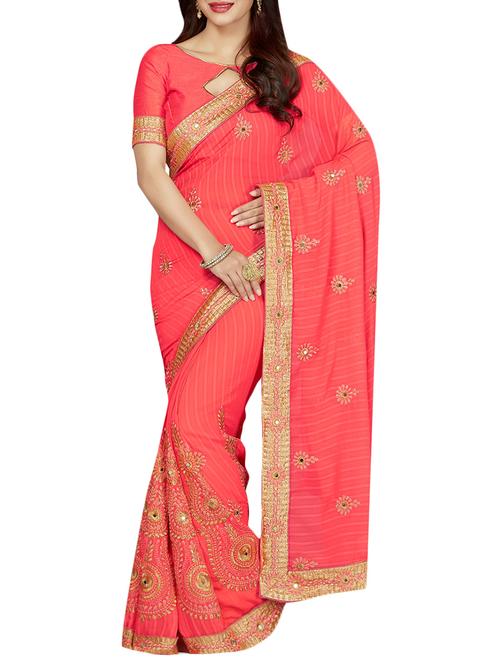 pink georgette embroidered saree with blouse - 13842510 - Very Small Image - 1