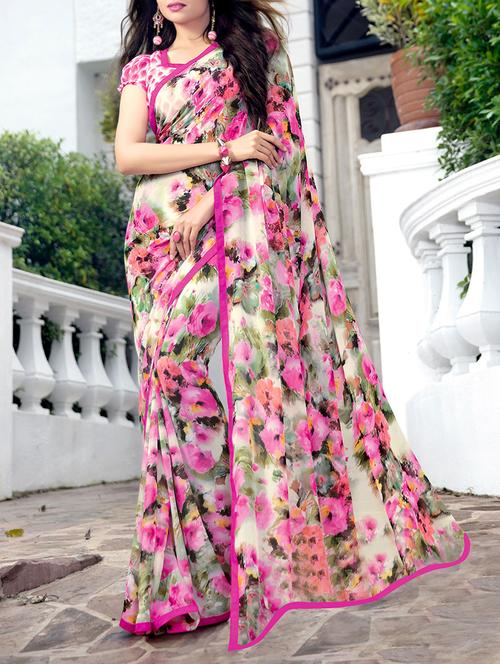 floral printed saree with blouse - 13848077 - Very Small Image - 1