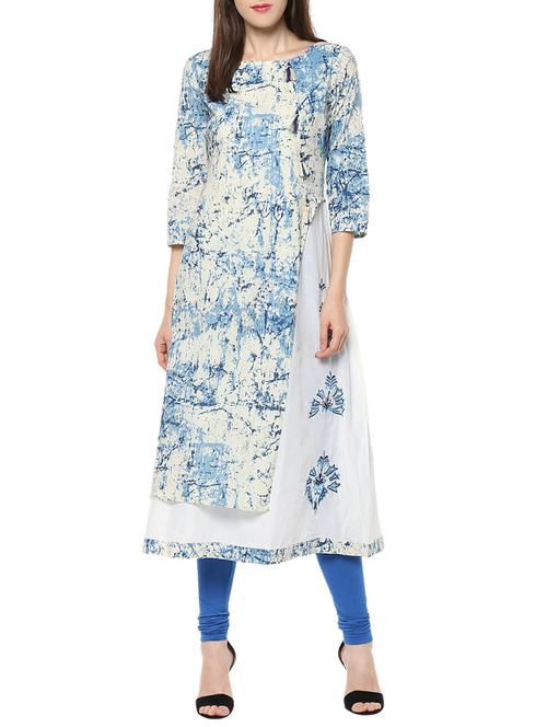 blue & white cotton printed A-line kurta - 13874200 - Very Small Image - 1