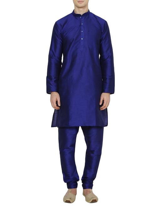 solid royal blue silk blend kurta pyjama set - 13882642 - Very Small Image - 1