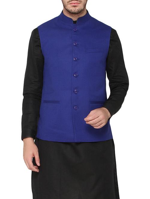 solid royal blue polyester blend nehru jacket - 13923104 - Very Small Image - 1