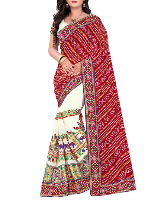 women's tie & dye red colored saree with blouse - 13970381 - Very Small Image - 1