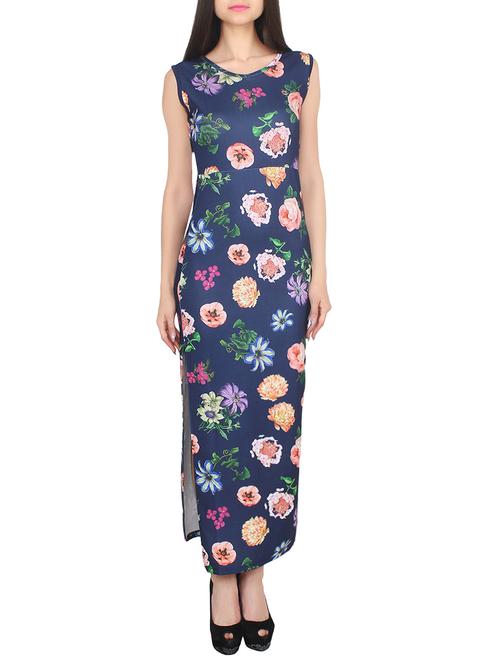 blue floral printed cotton lycra maxi dress - 14100293 - Very Small Image - 1