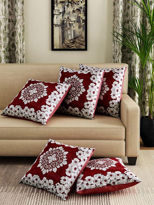 set of 5 chenille floral designed cushion covers - 14113200 - Very Small Image - 1