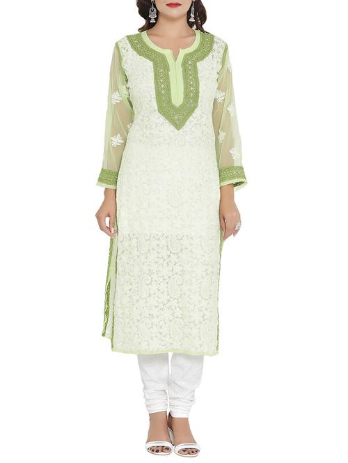 ada green georgette straight chikankari kurta - 14117970 - Very Small Image - 1