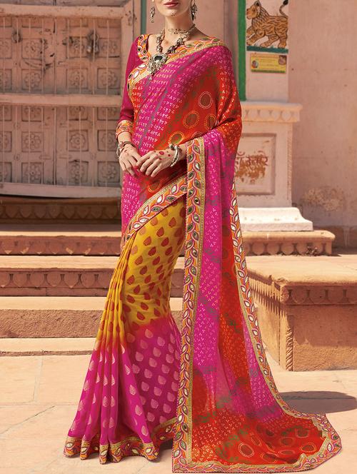 pink bandhani georgette saree with blouse - 14119440 - Very Small Image - 1