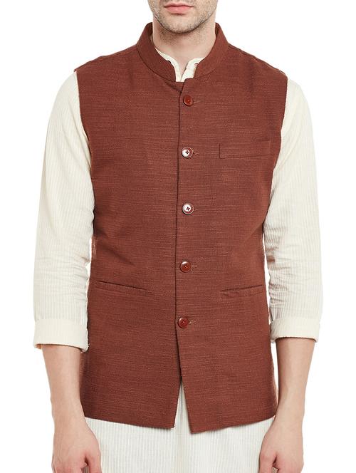 brown khadi nehru jacket - 14125417 - Very Small Image - 1