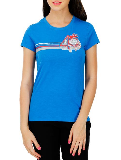 blue printed cotton blend regular tee - 14130708 - Very Small Image - 1