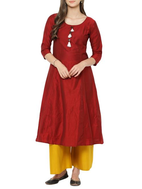 maroon silk blend aline kurta - 14137305 - Very Small Image - 1