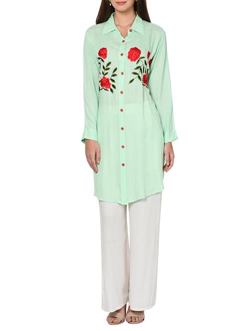 green rayon shirt collar kurta - 14170006 - Very Small Image - 1