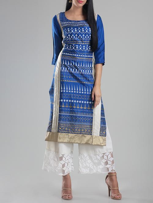 w printed blue viscose straight kurta - 14351510 - Very Small Image - 1