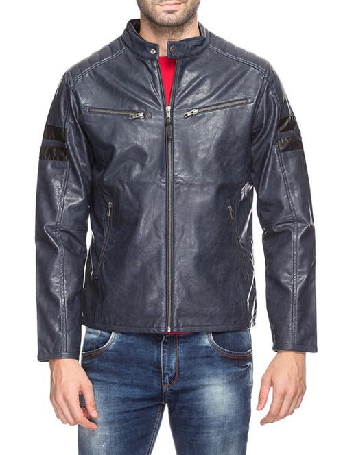 navy blue faux leather biker jacket - 14417750 - Very Small Image - 1