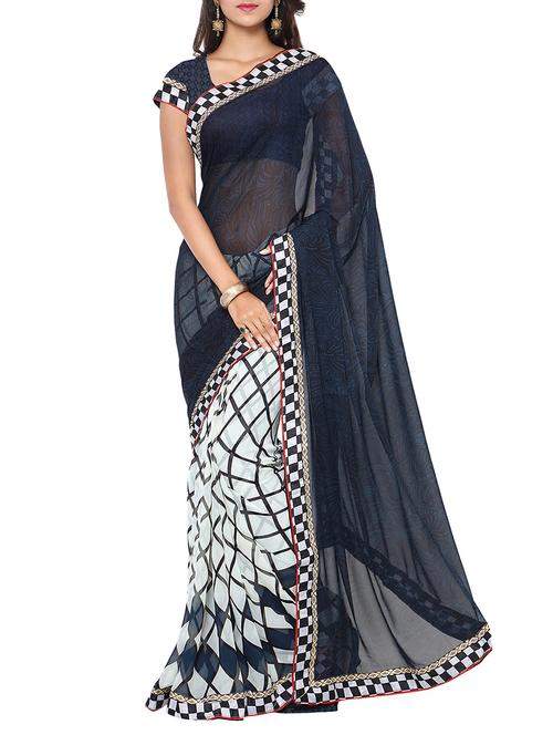 blue georgette printed saree with blouse - 14474407 - Very Small Image - 1