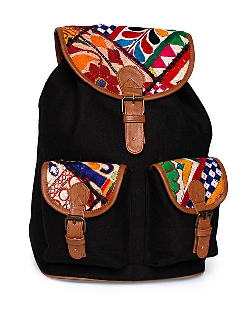 black backpack with embroidered flaps - 14499 - Very Small Image - 1