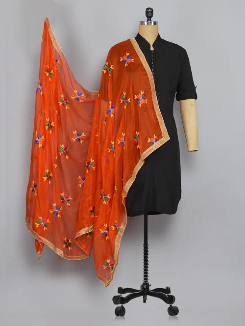 orange nylon phulkari dupatta - 14521701 - Very Small Image - 1