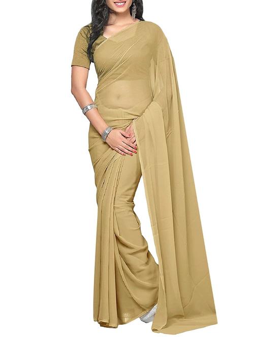 beige georgette plain saree with blouse - 14643104 - Very Small Image - 1