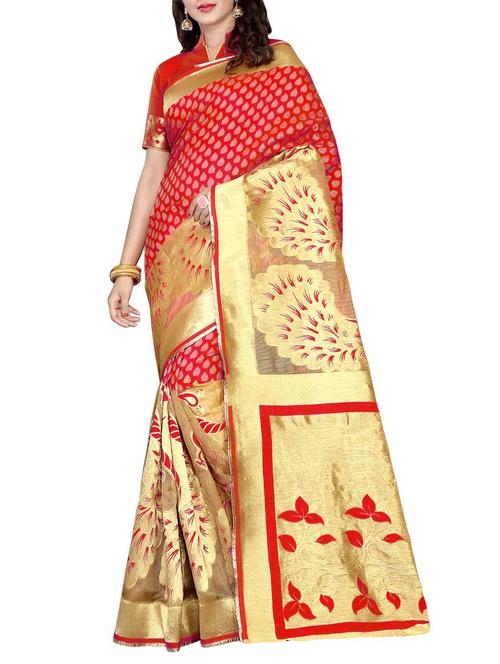 red silk blend banarasi saree with blouse - 14807712 - Very Small Image - 1