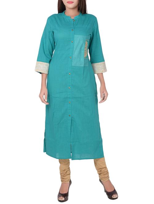 turquoise cotton straight kurta - 14847980 - Very Small Image - 1