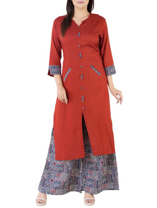 maroon cotton kurta palazzo set - 14849790 - Very Small Image - 1