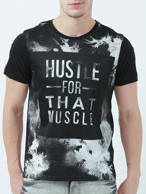 Black Cotton Blend Front Print Tshirt - 14887902 - Very Small Image - 1