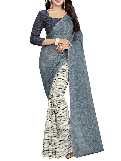 grey georgette printed saree with blouse - 14899850 - Very Small Image - 1