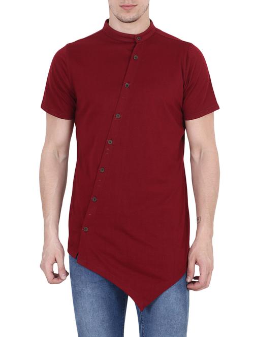 Maroon Cotton Asymmetric Tshirt - 14951714 - Very Small Image - 1