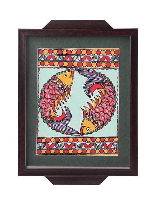 madhubani folk art decorative tray with auspicious fishes - 14989987 - Very Small Image - 1
