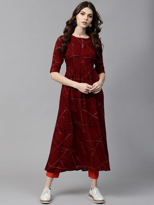 maroon rayon flared kurta - 15122154 - Very Small Image - 1