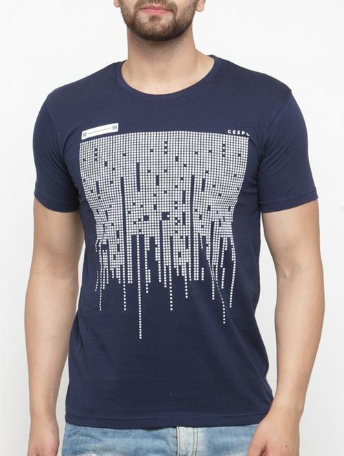 Navy Blue Cotton Chest Print Tshirt - 15135394 - Very Small Image - 1